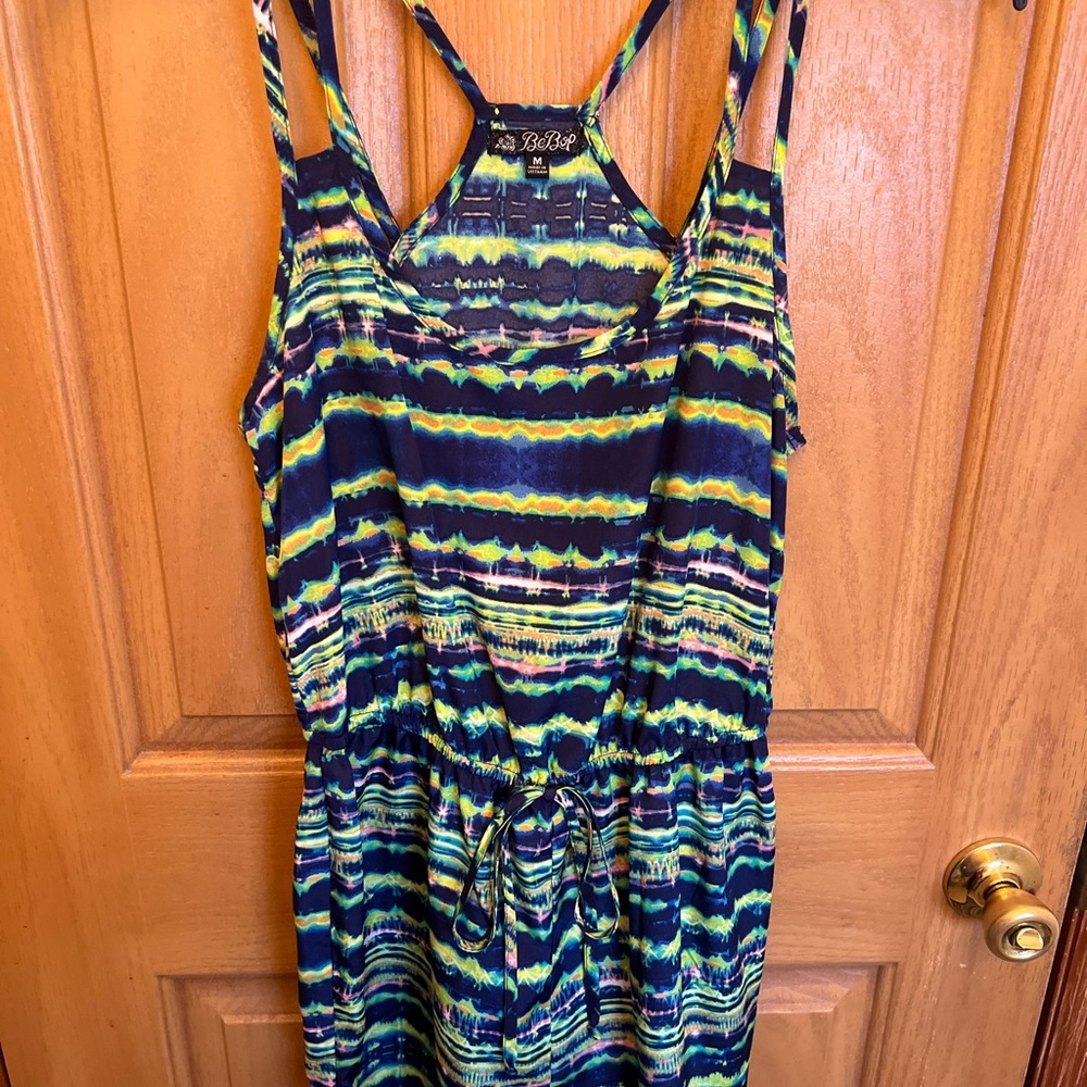 BeBop Multicolor Tie-Dye Halter Romper in Navy, Yellow, Green